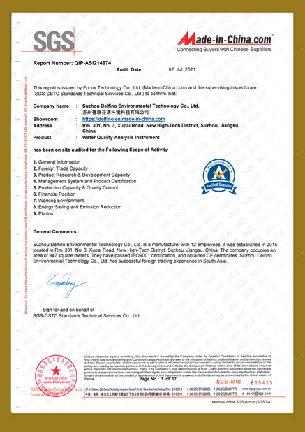 China Suzhou Delfino Environmental Technology Co., Ltd. Certification